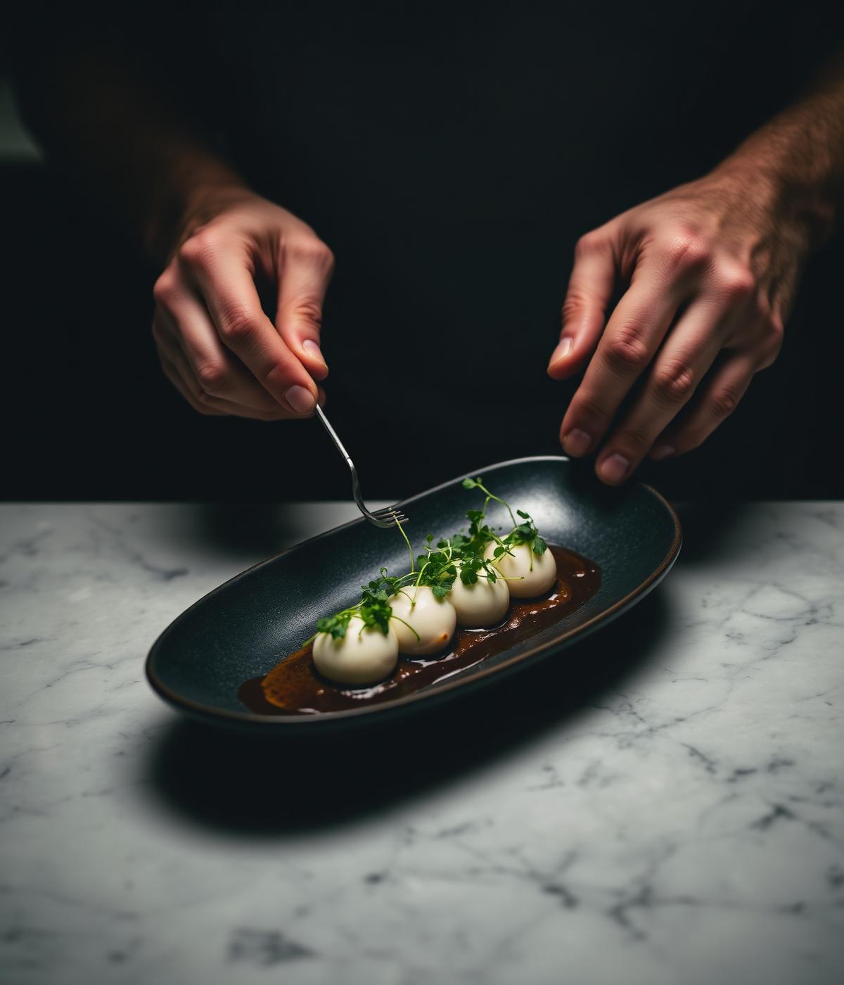 Chef finishing a dish with fresh microgreens